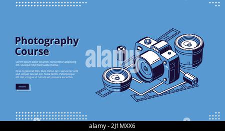 Photography courses isometric landing page. Classes and tutorials for photographers, school or workshop. Photo camera with lenses, film and cards on b Stock Vector