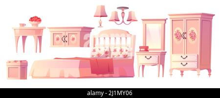 Shabby chic interior set for bedroom isolated on white background. with bed, nightstand, fireplace and hat on hanger. Vector cartoon pink furniture wi Stock Vector