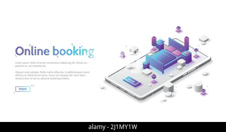 Online hotel booking isometric landing page. Book apartment room service, application for mobile phone. Double bed, nightstands and lamps standing on Stock Vector