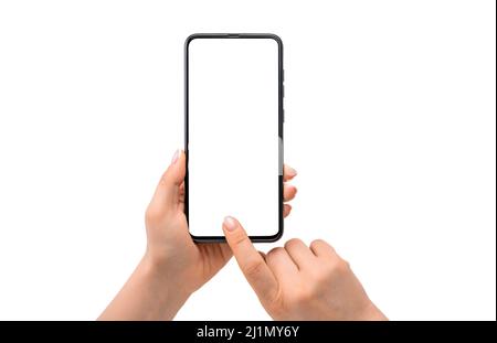 Woman hand using smartphone isolated on white background. Female hands with cellphone. cell phone blank white screen mockup.woman hand holding texting Stock Photo