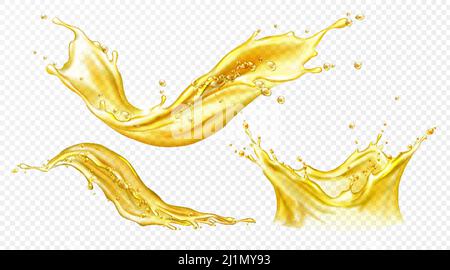 Splash of juice or yellow water isolated on transparent background. Vector realistic set of liquid waves of falling and flowing beer, orange, mango or Stock Vector
