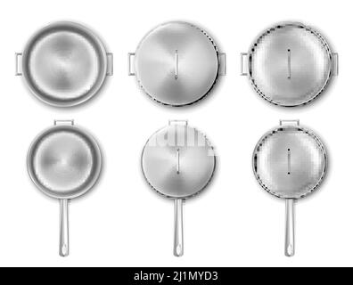 Metal cooking pot and frying pan top view. Vector realistic mockup of empty steel saucepan and skillet with handles and lid. Stainless casserole, kitc Stock Vector