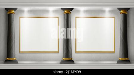Museum interior in antique castle with blank paintings in golden frames illuminated by spotlights. Vector realistic empty gallery room with black marb Stock Vector