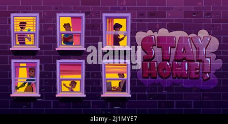 Stay home concept, people in windows during coronavirus pandemic isolation. Neighbors in their apartments spend time reading, using gadgets. Businessm Stock Vector