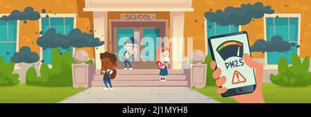 PM2.5 air pollution smartphone application. PM 2.5 dust detector. Vector cartoon illustration of kids cough from smoke, dirty air and smog clouds in f Stock Vector