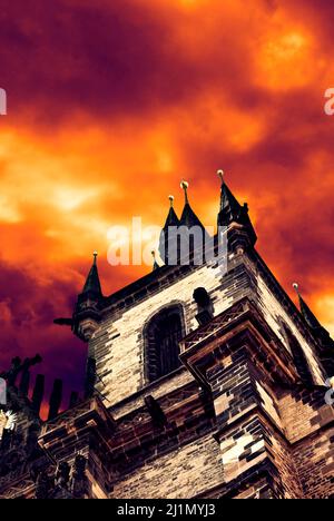 low angle view Gothic tower in Prague Stock Photo