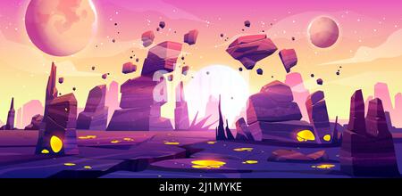 Alien planet landscape with rocks, cracks and glowing spots. Vector ...