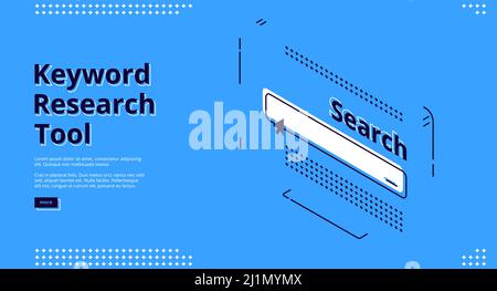 Keyword research tool banner with isometric website interface with search line on blue background. Vector landing page of service for keywording and S Stock Vector