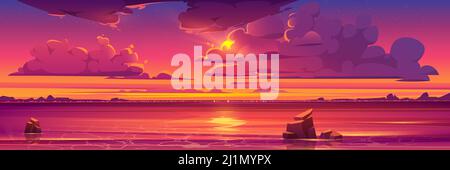 Sunset in ocean, pink clouds in sky with shining sun above sea with rocks sticking up of water and city lights on opposite shore, nature landscape bac Stock Vector