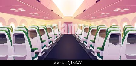 Empty airplane interior with chairs, digital screens and folding tables in seat back. Vector cartoon cabin of passenger aircraft, business class or ec Stock Vector