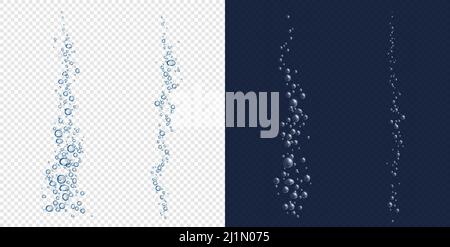Soda bubbles, water or oxygen air fizz set. Dynamic aqua effervescent rising up underwater fizzing, champagne drink design elements isolated on transp Stock Vector