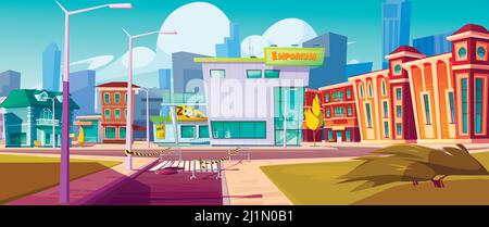 Urban landscape with shopping mall, residential buildings and fenced open street manhole, cartoon vector. Cityscape with crossroads, sidewalk, buildin Stock Vector