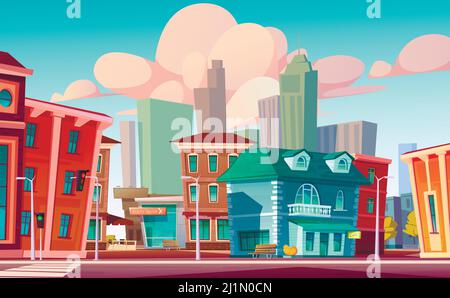 Urban street landscape with retro residential buildings with cafe and beauty salon, cartoon vector. Cityscape with crosswalk and traffic light against Stock Vector