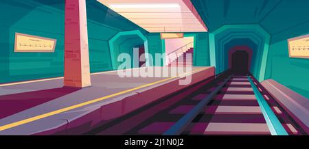 Metro station, empty subway platform, underground tunnel for train. Vector cartoon illustration of subway interior with railway for public electric tr Stock Vector