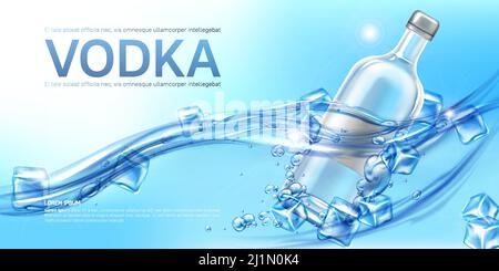 Vodka bottle with ice cubes floating in water mockup banner. Closed glass blank flask with strong alcohol drink on blue background, advertising promo Stock Vector