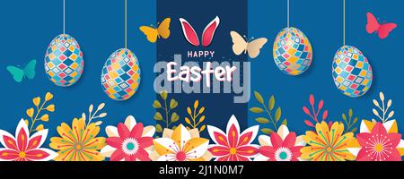 Happy Easter Floral Colorful Horizontal Banner Design. Flowers, butterflies, bunny ears, and colorful pattern design eggs horizontal banner vector Stock Vector