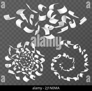 Flying white paper sheets in air. Falling blank note pages with curved corners. Vector realistic set of chaotic flight of paper pieces on wind isolate Stock Vector
