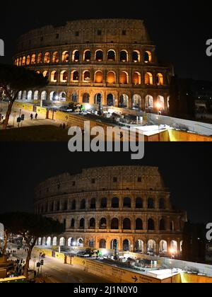 Rome, Italy. 26th Mar, 2022. Combo photo shows the Colosseo before (top) and during the Earth Hour in Rome, Italy, on March 26, 2022. Credit: Jin Mamengni/Xinhua/Alamy Live News Stock Photo