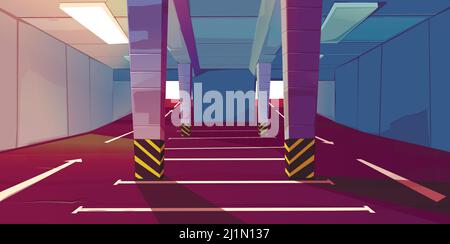 Underground car parking with vacant places and markup. Empty area for transport in building basement with columns and guiding arrows show way to exit, Stock Vector