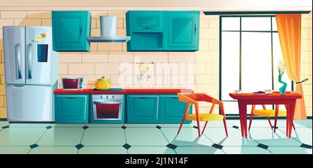 Home kitchen, empty interior with appliances for cooking and furniture, served table near large window, oven, range hood, refrigerator and utensil. Co Stock Vector