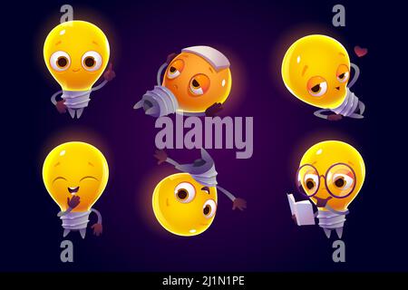 Cute light bulb character in different poses. Vector set of cartoon chat bot, funny lamp rises finger, feels headache, flirts, laughs and read book. C Stock Vector