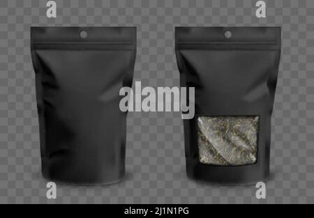 Foil pouch with zipper and clear window, doypack for food. Blank stand up plastic bags with green tea. Vector realistic mockup of black flex package w Stock Vector