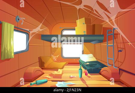 Poor dirty interior of camper. Vector cartoon illustration of poverty, abandoned camping van with mess, broken floor, torn bed, trash and spiderweb. E Stock Vector