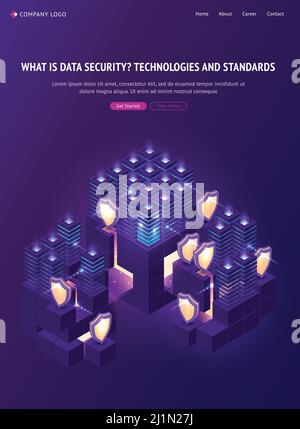 Cyber data security isometric landing page. Computing internet digital technology, blockchain, database protection. Server room protected with shields Stock Vector