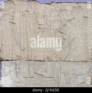Cairo, Egyptian Museum, tomb of Harmin, the deceased adores Ptah and Sekhmet. Stock Photo