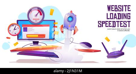 Website loading speed test banner. Internet site quick traffic optimization engine plugin testing. Computer desktop with web page, speedometer, clock, Stock Vector