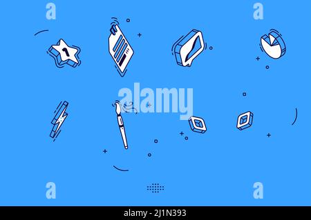 Isometric mobile icons for business, marketing, social media. Vector flat signs of chart, data page, brush and star. Symbols collection for website, a Stock Vector
