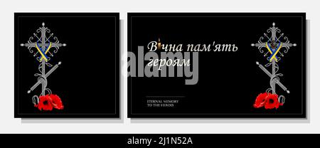 Christian cross. Memorial monument. Inscription in Ukrainian: eternal glory to the heroes. Support for Ukraine. Easter 2022. Mourning for the dead. Stock Vector