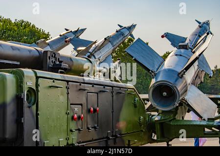 Russian V-600 surface to air missiles on the S-125 quadruple launcher. Stock Photo