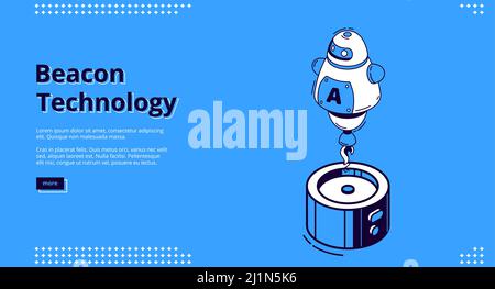 Beacon technology isometric landing page. Robot with rocket engine, Internet of things, communication network, exchange and share information, wireles Stock Vector