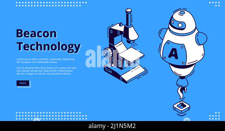 Beacon technology isometric landing page. Ai robot and microscope , Internet of things, communication network, exchange and share information, wireles Stock Vector