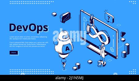 DevOps banner. Concept of development operations, communication of programmers and engineers. Vector landing page of project integration with isometri Stock Vector