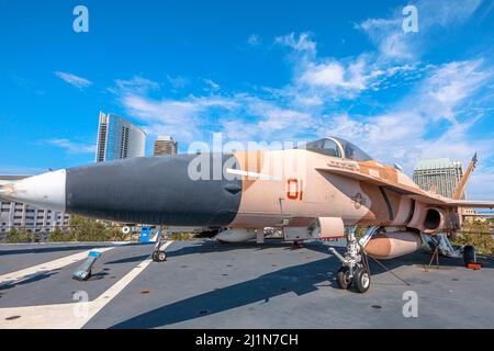 San Diego, United States - JULY 2018: McDonnell Douglas F A-18 Hornet. American supersonic jet interceptor and fighter-bomber of 1980s in Aviation Stock Photo