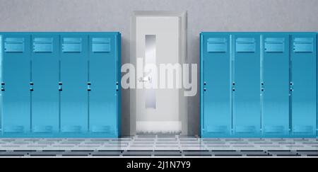 Blue lockers in school corridor and closed door to class room. Vector realistic interior of hallway with individual metal cabinets in sport or fitness Stock Vector