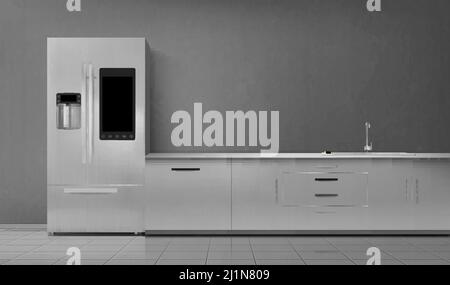 Kitchen interior with smart fridge and sink on tabletop front view. Empty room with household appliances, refrigerator and desk on gray wall and tiled Stock Vector