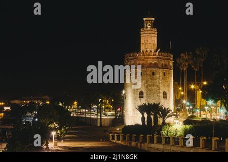 La Torre de Oro in Seville, Spain at night brightly lit on by the river Stock Photo