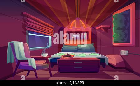 Camper interior with bed, bookshelves, chair and nightstand. Empty modern trailer car at night. Vector cartoon bedroom in camping van with cozy furnit Stock Vector