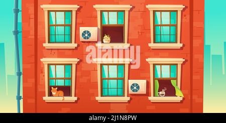 Building facade with brick wall and windows in wooden frames. Vector cartoon illustration of house front with downpipe, closed and open glass windows Stock Vector