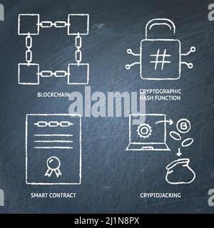 Chalkboard crypto icon set. Cryptographic hash function, blockchain, smart contract and cryptojacking symbols. Vector illustration. Stock Vector