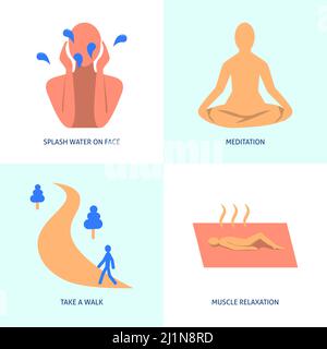 Calming activities icon set in flat style. How to stop panic attack. Vector illustration. Stock Vector