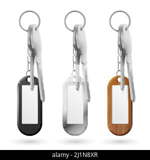 Trinkets, keys bunch, metal, wooden and plastic door clef holders on steel ring set. Oval keychains accessories or pendants isolated on white backgrou Stock Vector