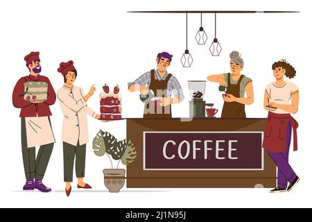 Coffeehouse or pastry shop staff with barista and pastry cooks, waiters. Sweet Pastry and coffee selling, cafe or coffee shop employees, flat vector i Stock Vector