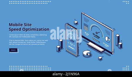 Mobile site speed optimization isometric landing page. Smartphone and computer desktop with speedometer on screen. Internet page quick traffic loading Stock Vector