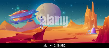 Astronaut on alien planet waving hand to spaceship. Cosmonaut in suit and helmet in far galaxy explore outer space greeting UFO. Spaceman on station, Stock Vector