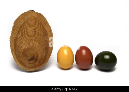 Close up of three colorful dyed hard boiled natural Easter eggs next to wooden disc in shape of egg on white background Stock Photo
