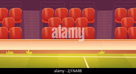 Seats on sport stadium with soccer, football or basketball field. Vector cartoon illustration of empty fan tribune with rows of plastic red chairs and Stock Vector